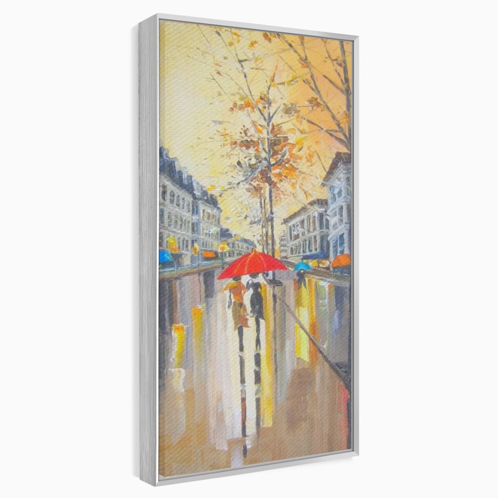 Tablou canvas cu tablou canvas cu peisaj urban ploios, in rama de aluminiu argintiu